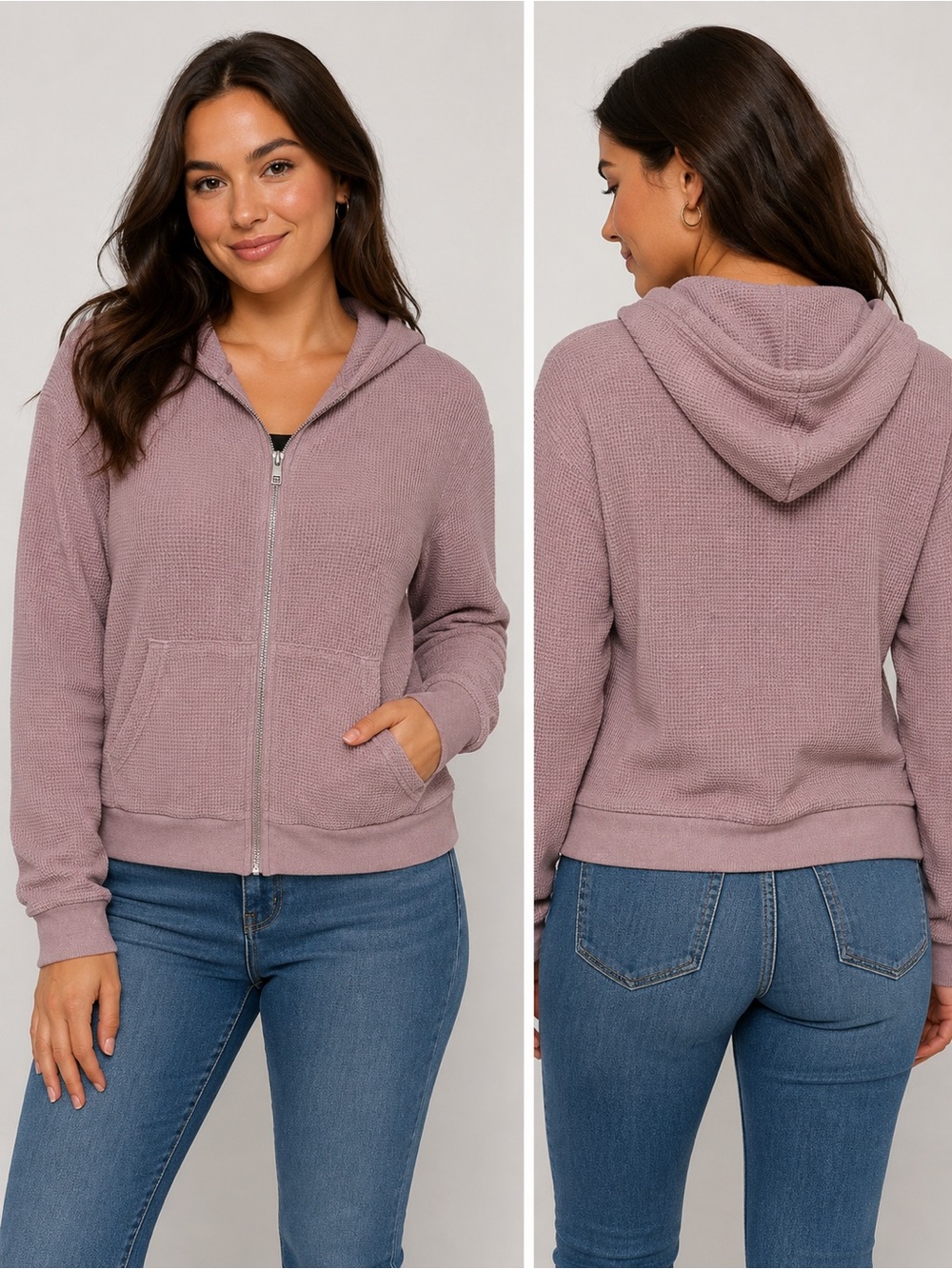 HARLOW Women’s XL Mauve Waffle Knit Full-Zip Hoodie